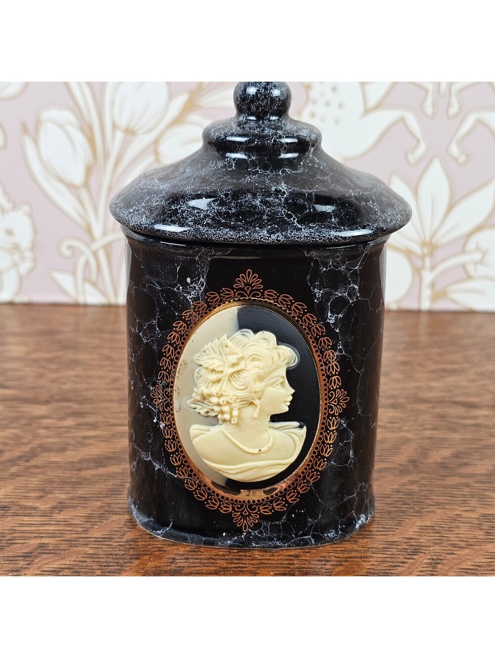 Vintage Japan Cameo Lidded Canister Black Marble Glaze Vanity Jar